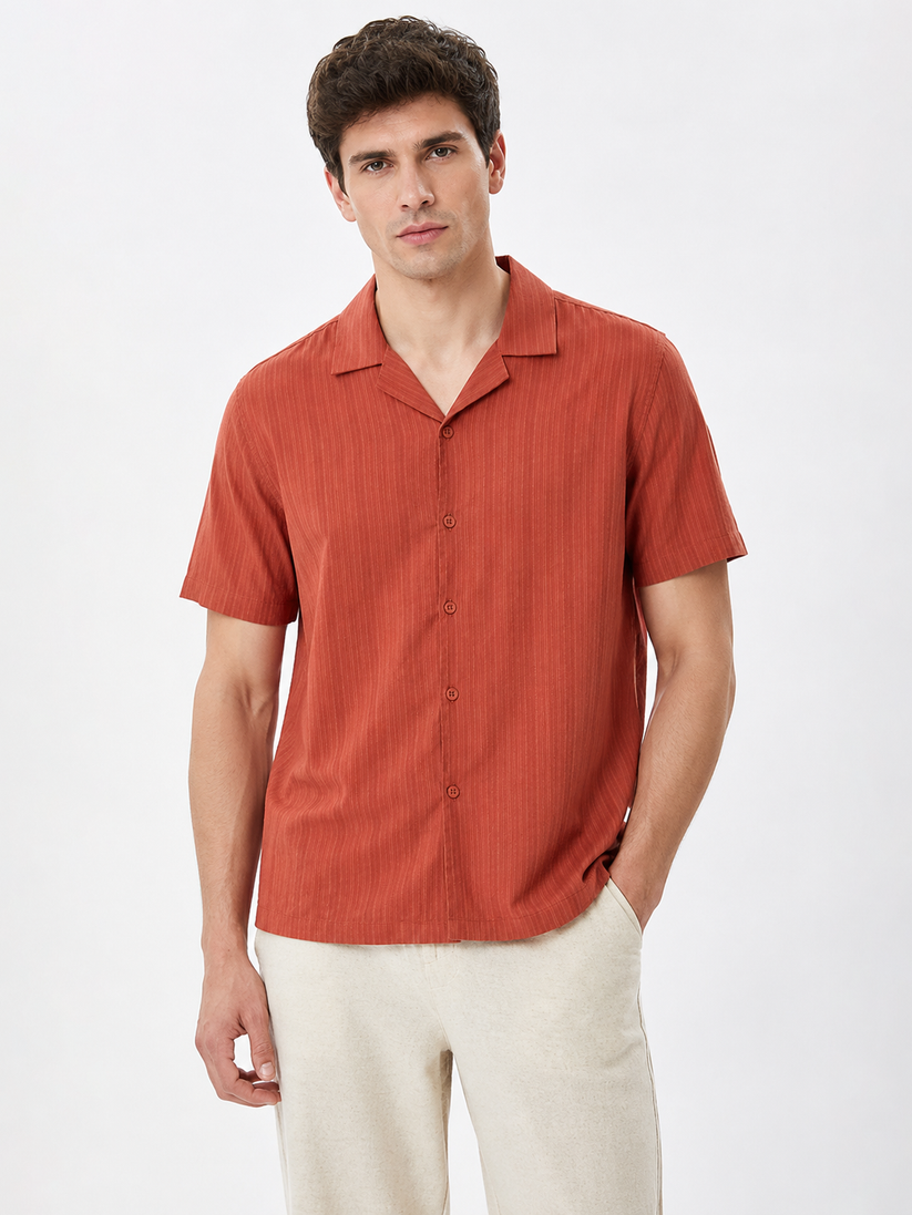 Rust Cuban Collar Textured Shirt