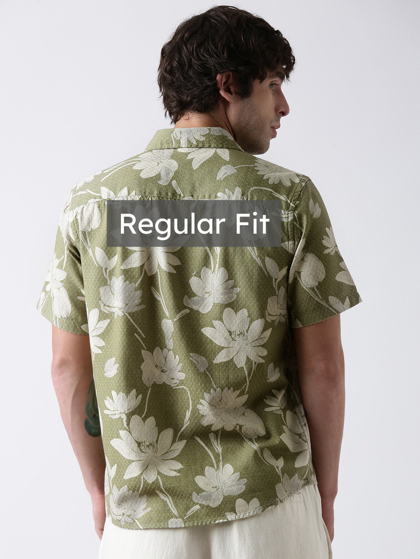 Regular Fit Green Floral Print Shirt