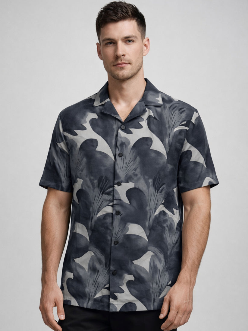 Regular Fit Charcoal Cuban Collar Print Shirt