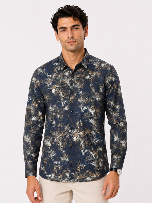 Abstract Blue Metallic Print Shirt