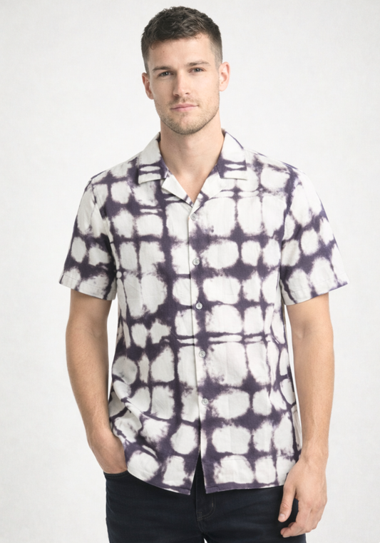 Regular Fit Monochrome Cuban Collar Print Shirt