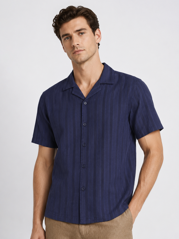 Navy Cuban Collar Textured Shirt