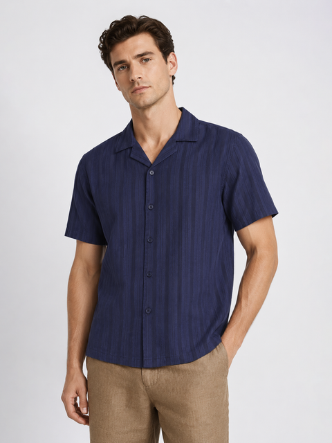 Navy Cuban Collar Textured Shirt