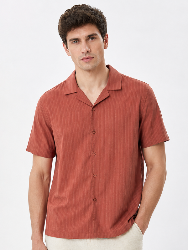 Rust Cuban Collar Textured Shirt