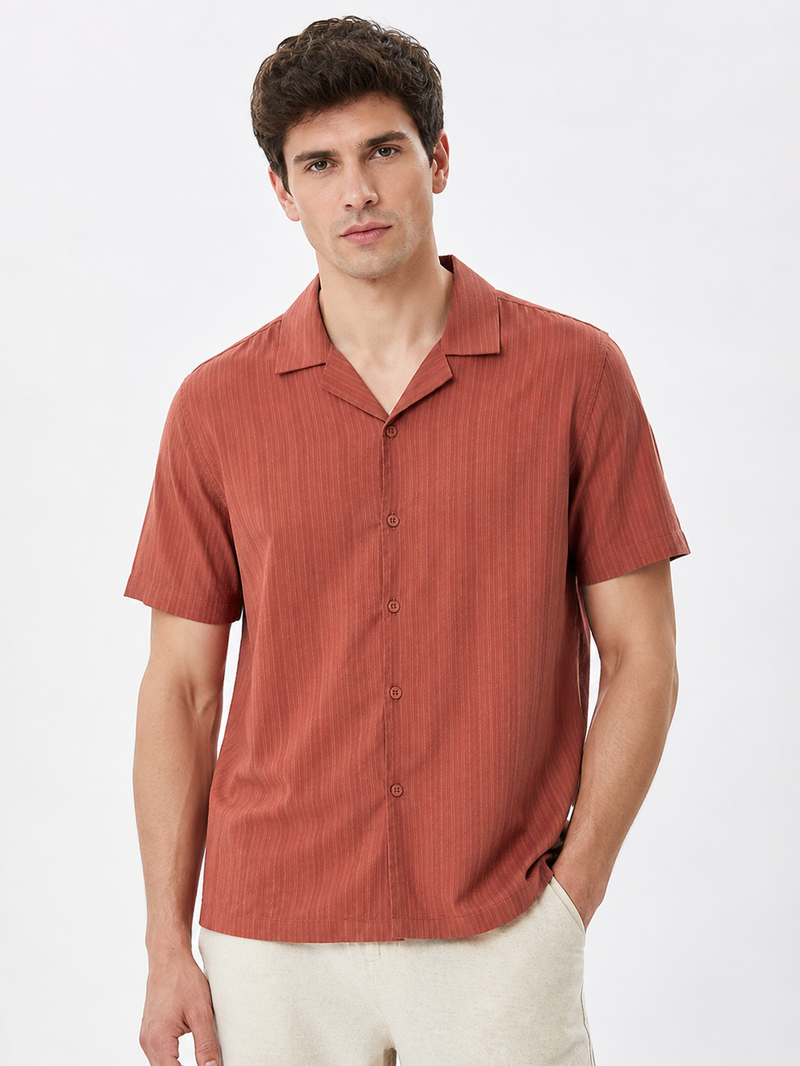 Rust Cuban Collar Textured Shirt