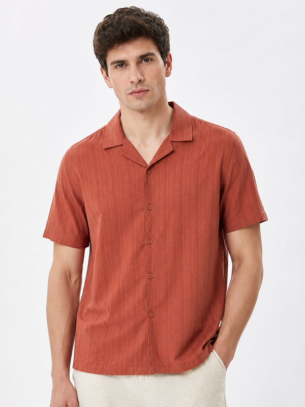 Rust Cuban Collar Textured Shirt