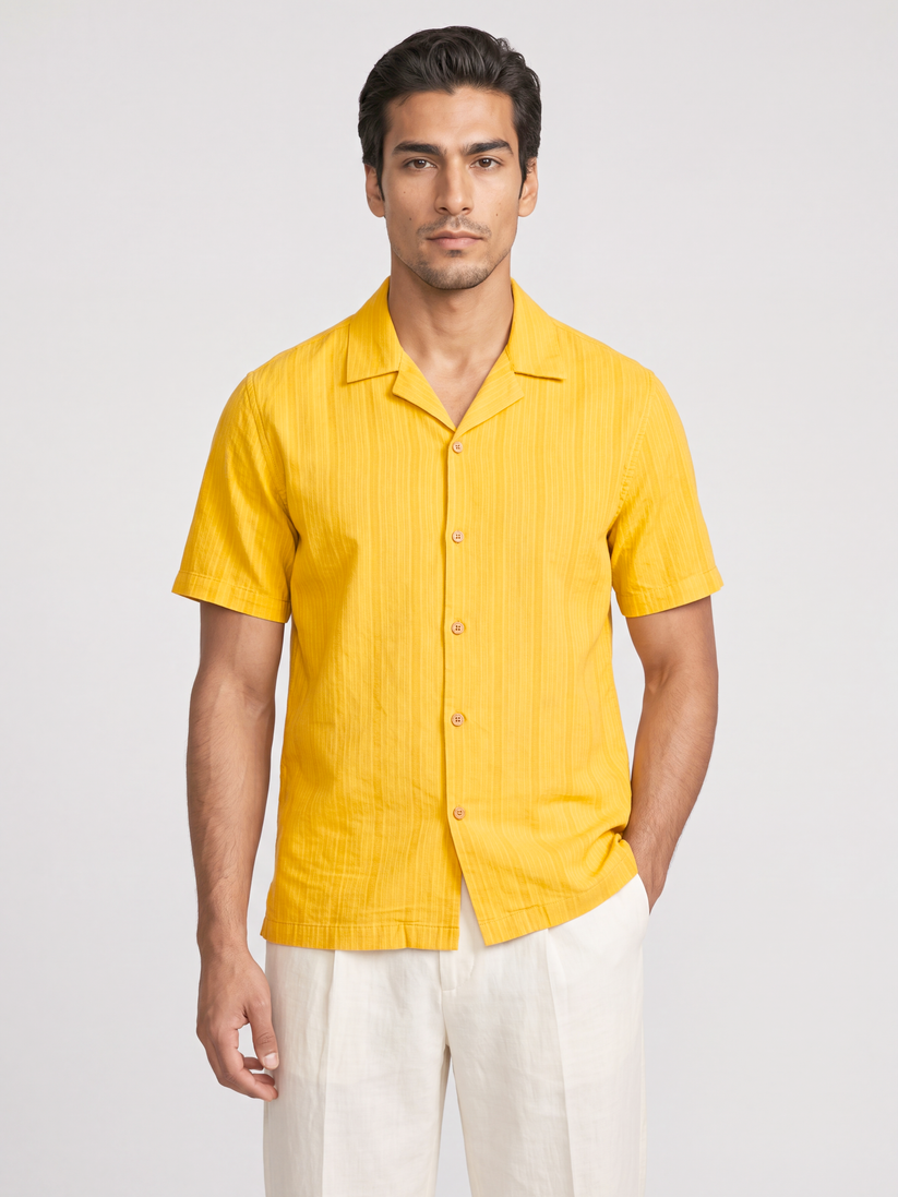Honey Gold Cuban Collar Textured Shirt