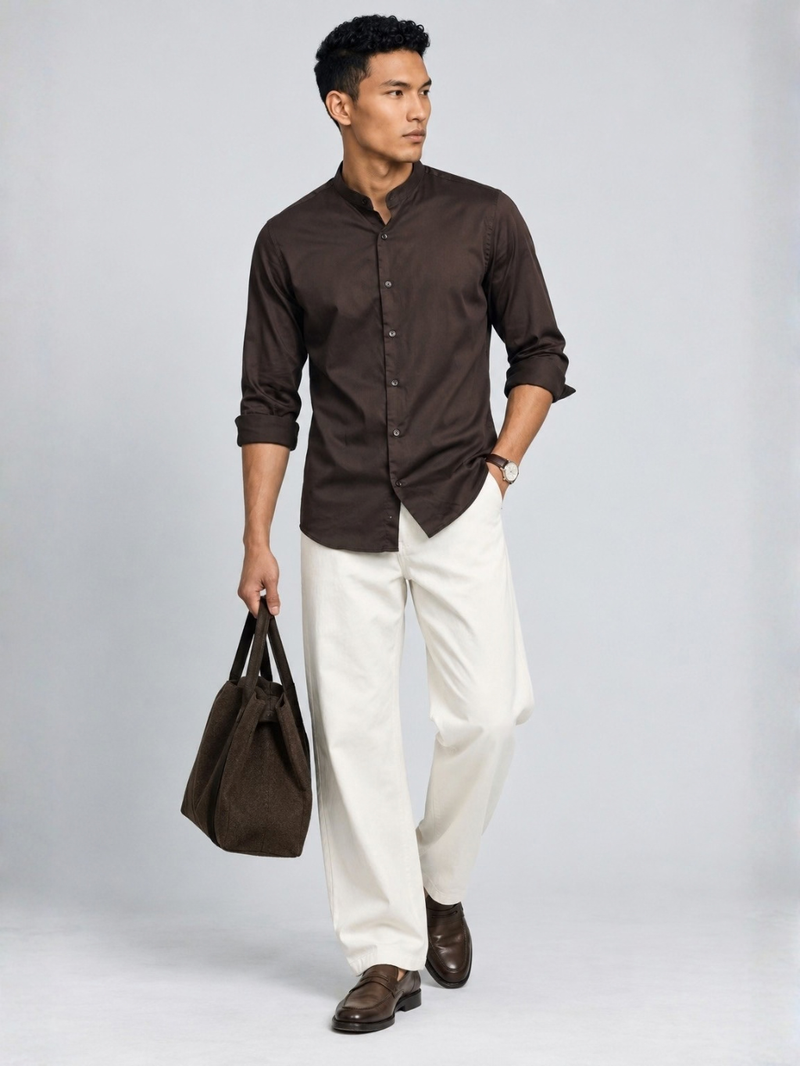 Brown Satin Mandarin Collar Shirt