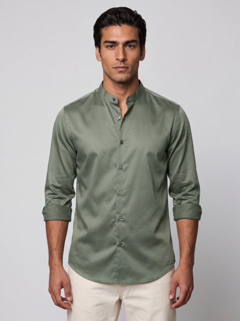 Olive Grey Mandarin Satin Stretch Shirt