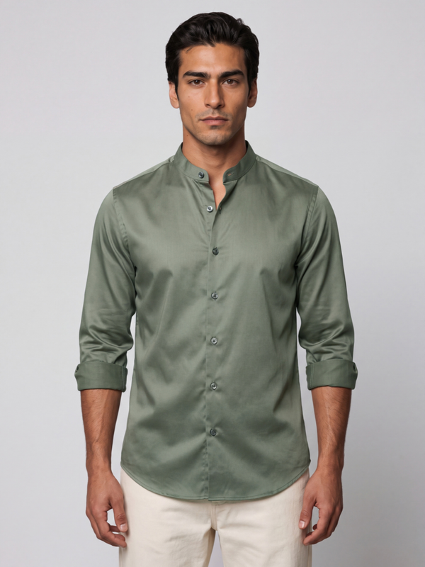 Olive Grey Mandarin Satin Stretch Shirt