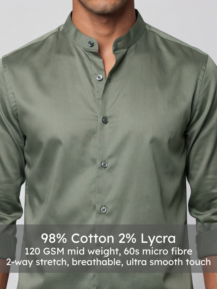 Olive Grey Mandarin Satin Stretch Shirt