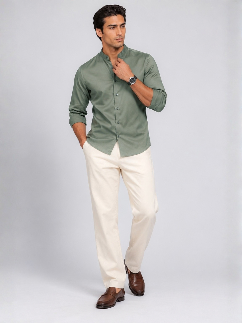 Olive Grey Mandarin Satin Stretch Shirt