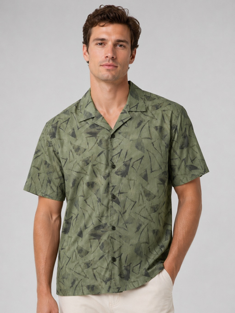 Olive Cuban Collar Print Shirt