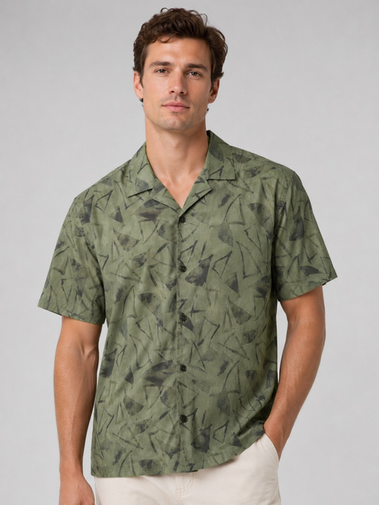 Olive Cuban Collar Print Shirt