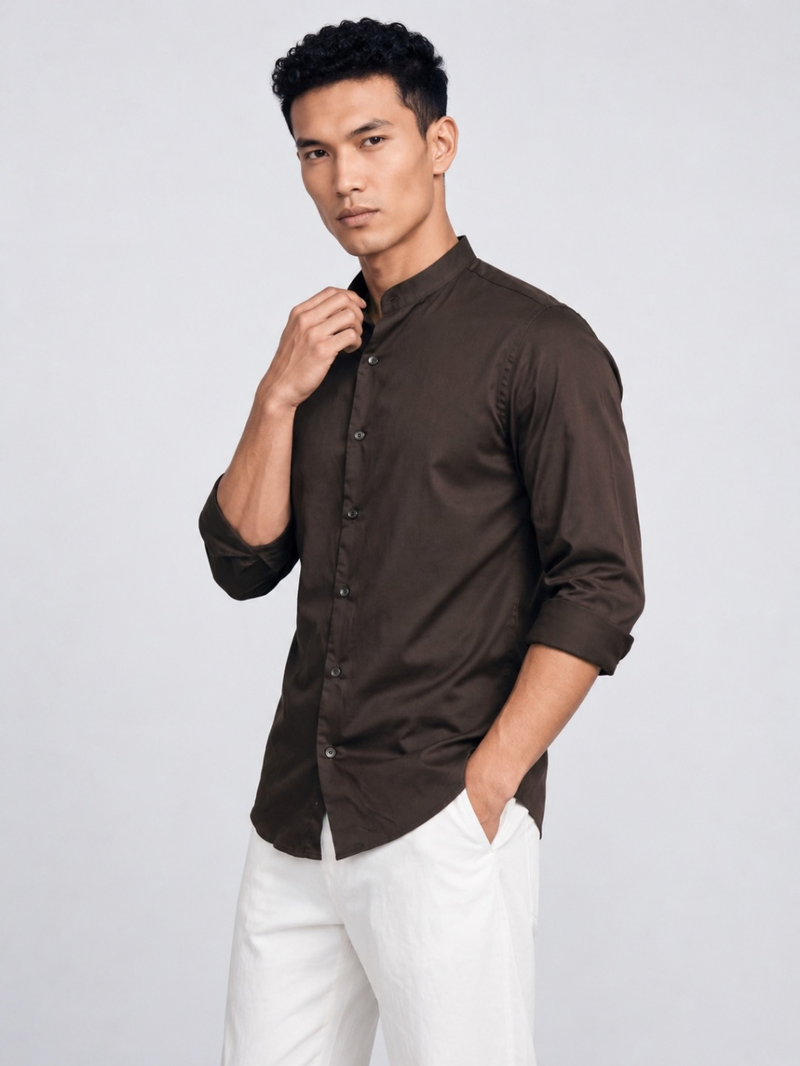 Brown Satin Mandarin Collar Shirt