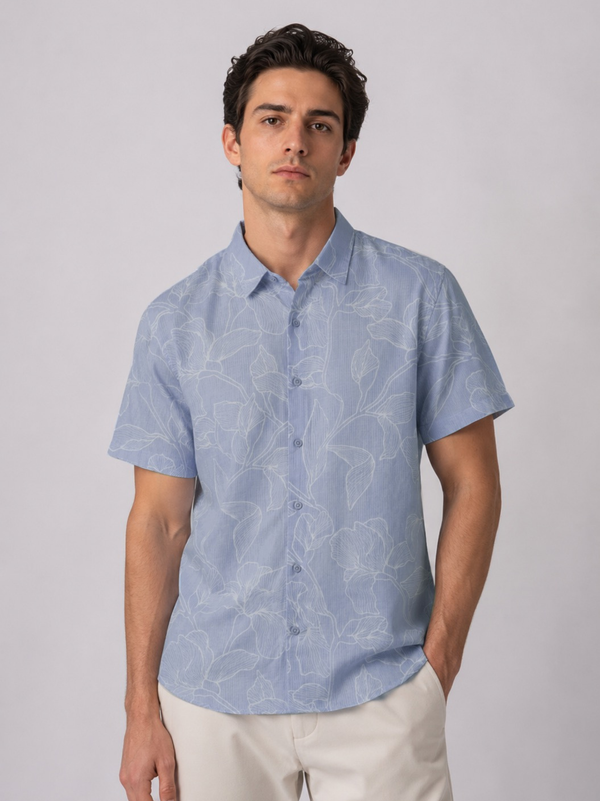 Linen Rich Sky Blue Print Shirt