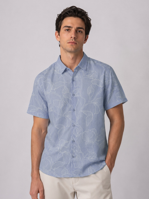 Linen Rich Sky Blue Print Shirt