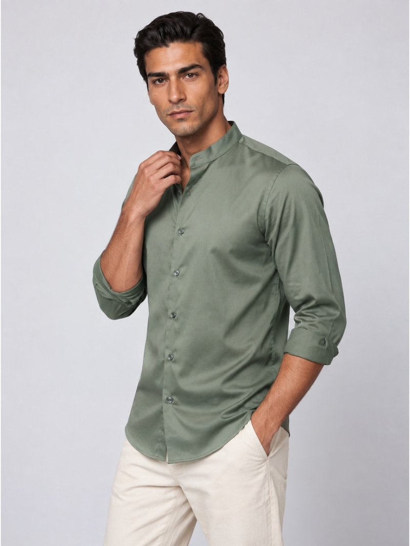 Olive Grey Mandarin Satin Stretch Shirt