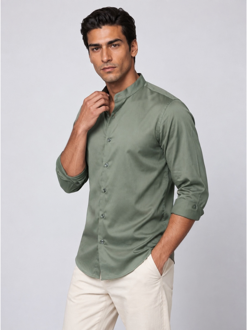 Olive Grey Mandarin Satin Stretch Shirt