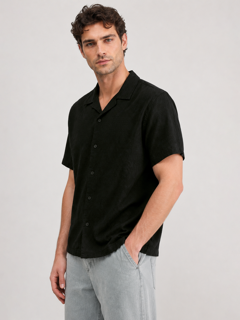 Black Cuban Collar Textured Shirt