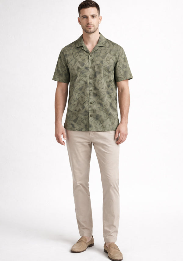 Olive Cuban Collar Print Shirt