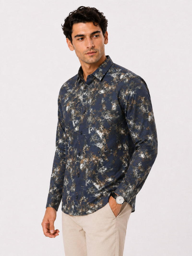 Abstract Blue Metallic Print Shirt