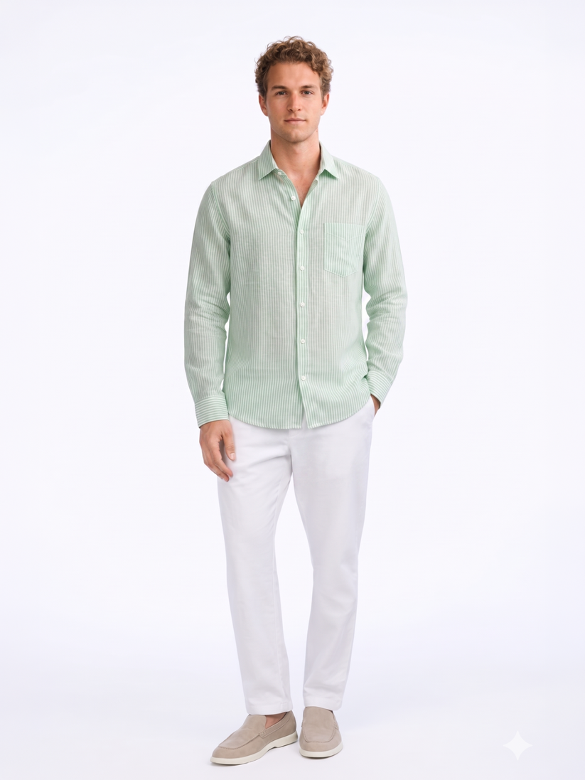 Linen Rich Light Green  Stripe Shirt