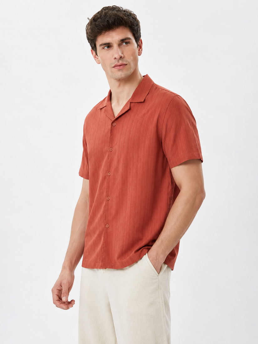 Rust Cuban Collar Textured Shirt