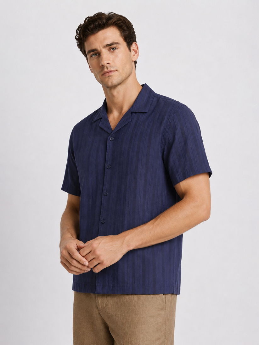 Navy Cuban Collar Textured Shirt