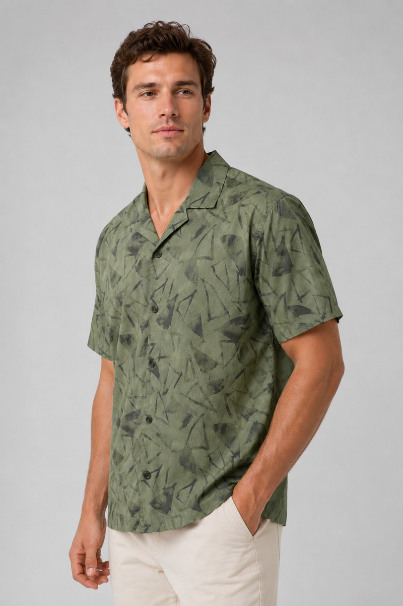Olive Cuban Collar Print Shirt