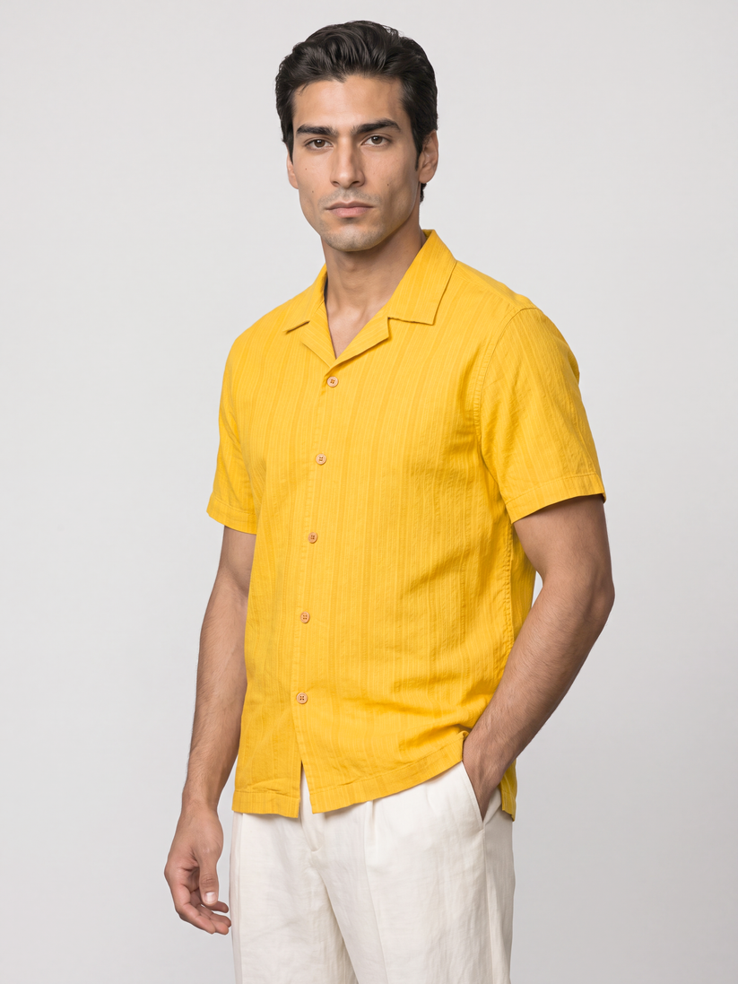 Honey Gold Cuban Collar Textured Shirt