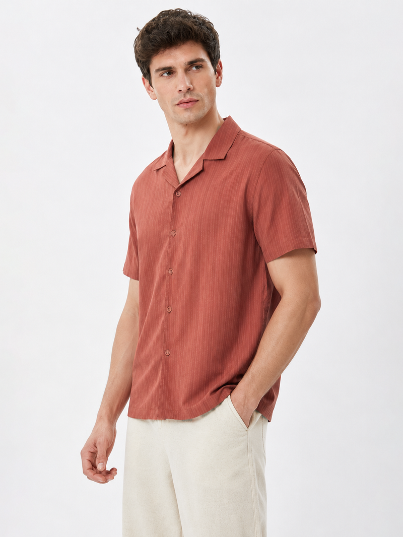 Rust Cuban Collar Textured Shirt