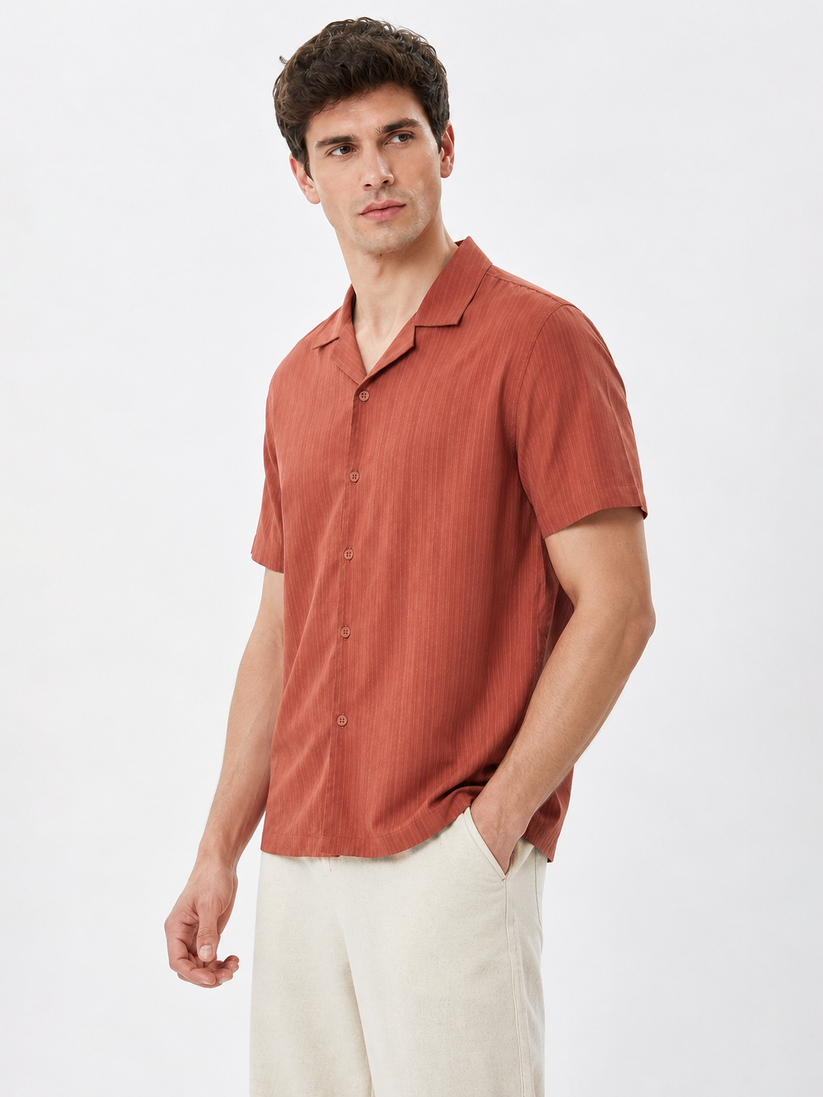 Rust Cuban Collar Textured Shirt