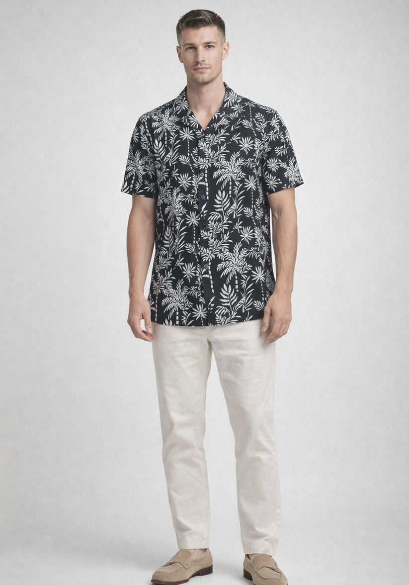 Black Cuban Collar Print Shirt