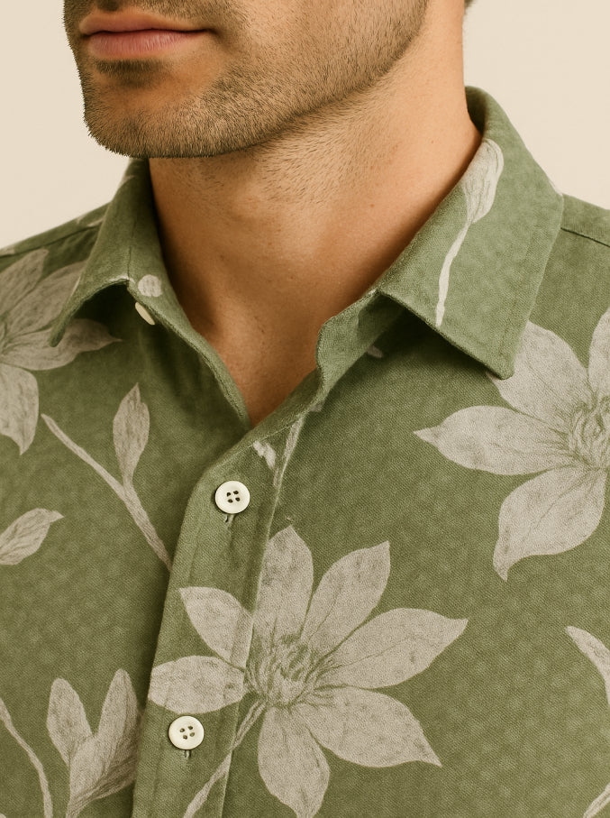 Floral Print Short Sleeve Shirt (Green)
