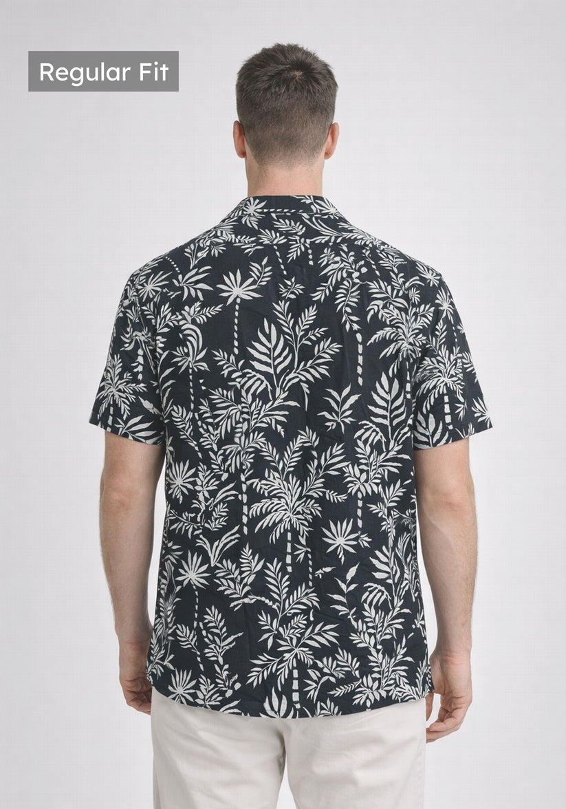 Regular Fit Black Cuban Collar Print Shirt