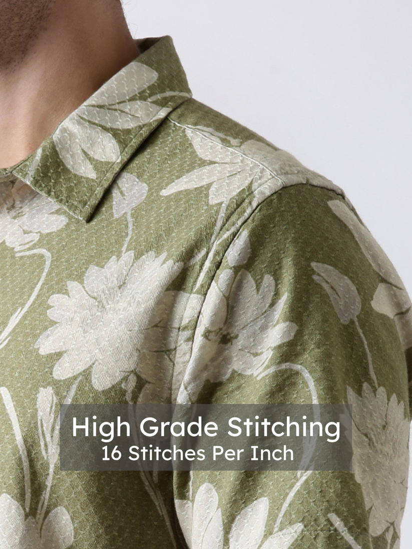 Regular Fit Green Floral Print Shirt