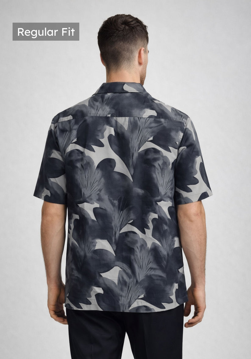 Regular Fit Charcoal Cuban Collar Print Shirt