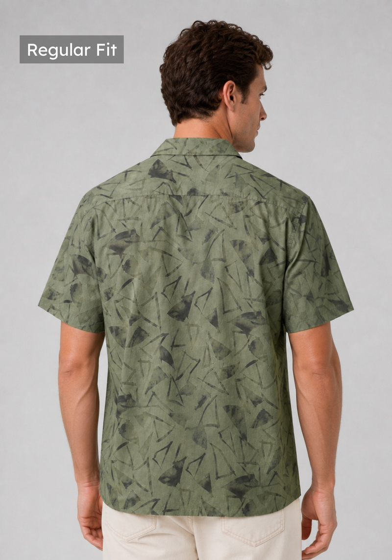 Olive Cuban Collar Print Shirt
