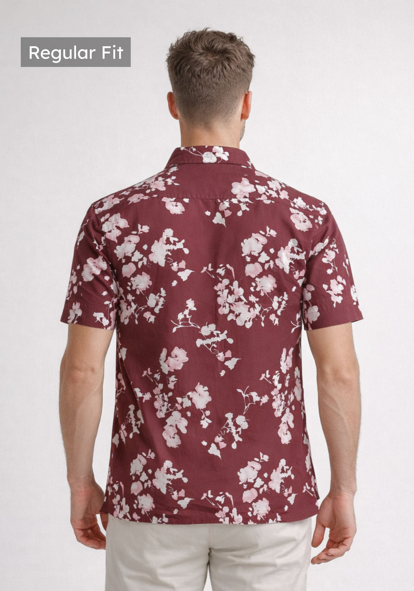 Regular Fit Maroon Cuban Collar Print Shirt