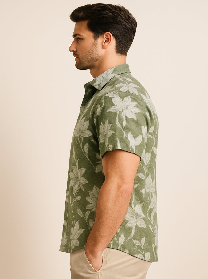 Floral Print Short Sleeve Shirt (Green)