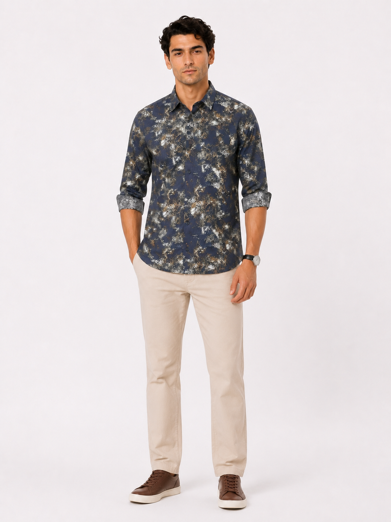 Abstract Blue Metallic Print Shirt
