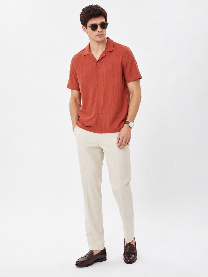 Rust Cuban Collar Textured Shirt