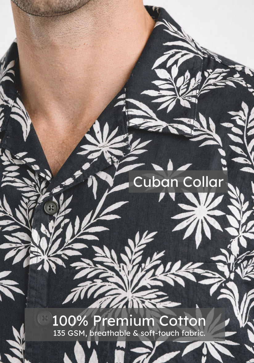 Regular Fit Black Cuban Collar Print Shirt