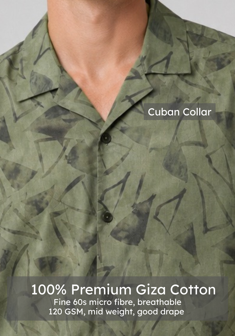 Olive Cuban Collar Print Shirt