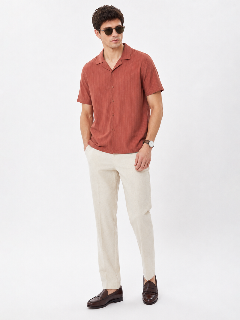 Rust Cuban Collar Textured Shirt