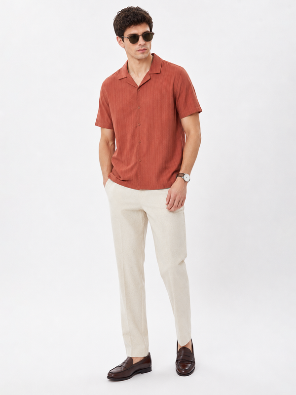 Rust Cuban Collar Textured Shirt