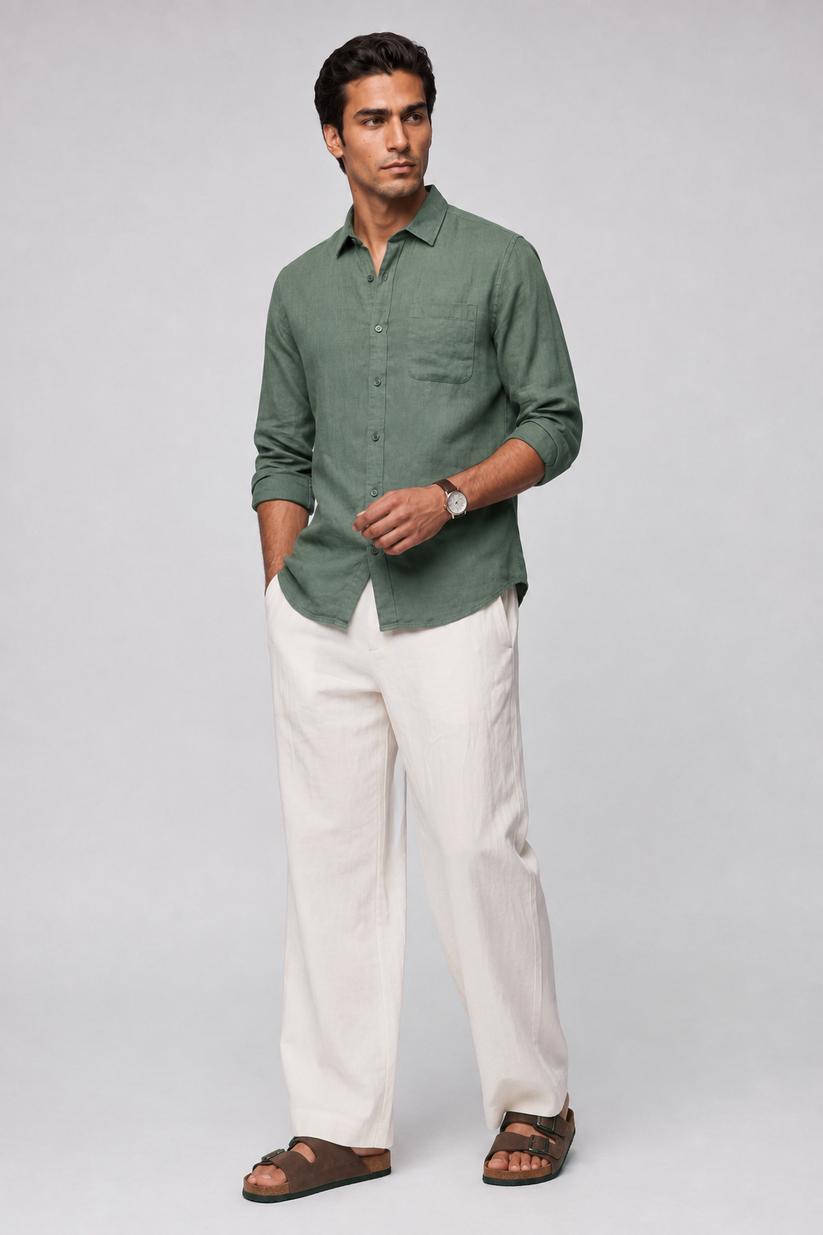 Dark Green Pure Italian Linen Shirt