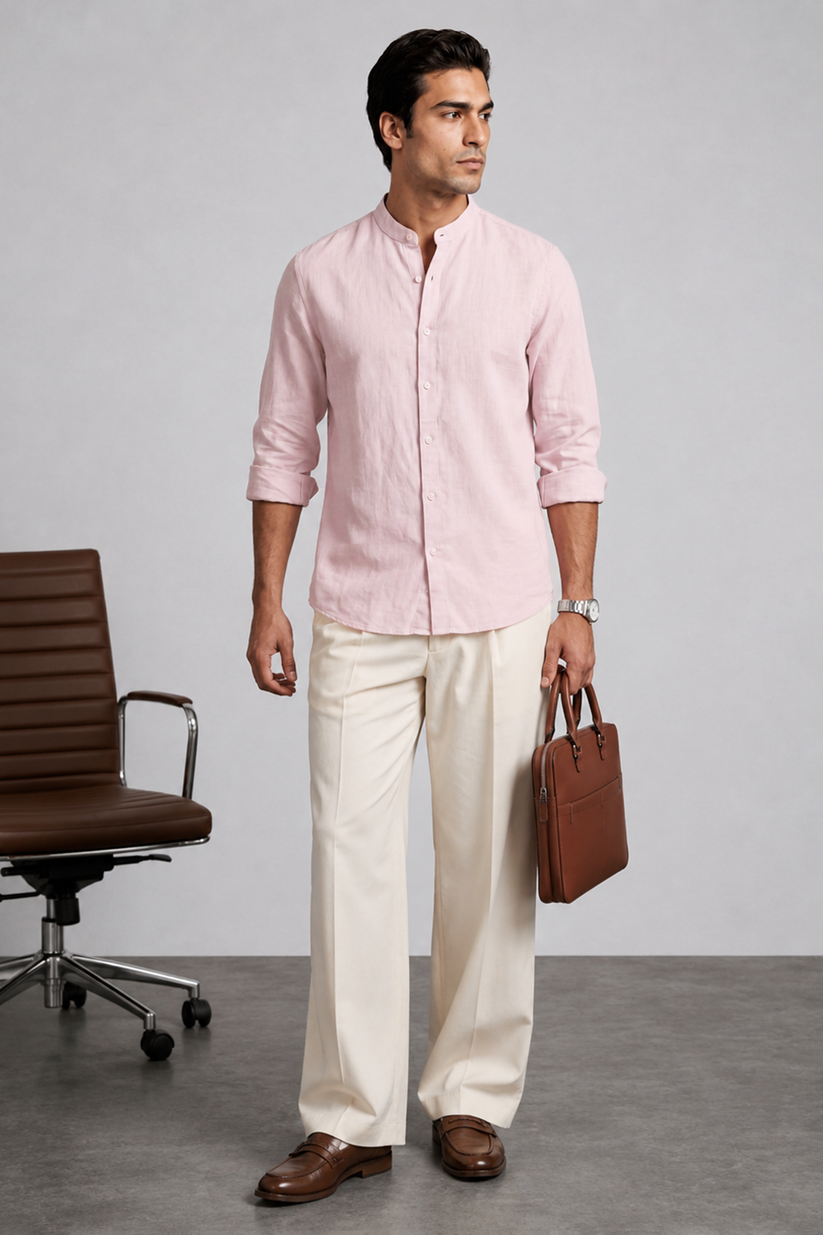 Pink Pure Linen Mandarin Collar Shirt