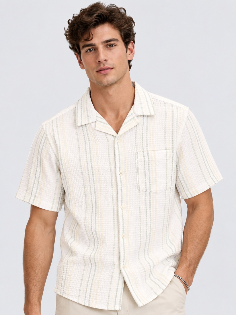 Ecru Vertical Stripe Camp Collar Shirt